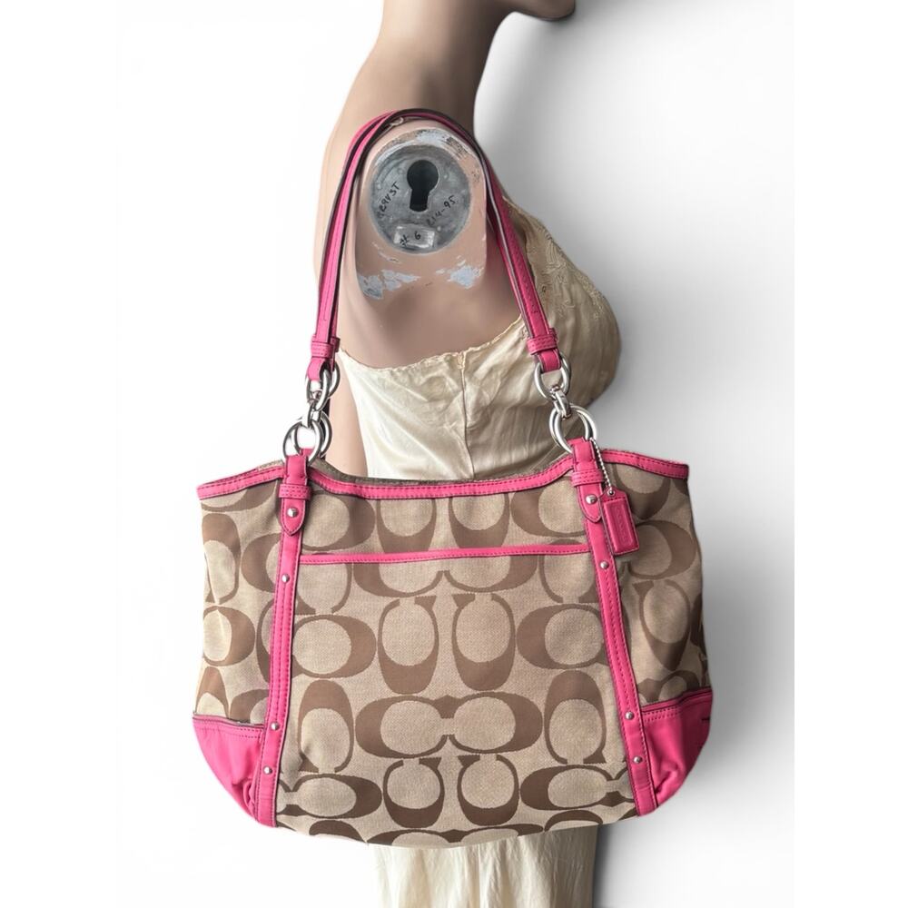 COACH F20807 Alexandra Chain Signature Khaki Tote Pink Leather Trim Shoulder Bag